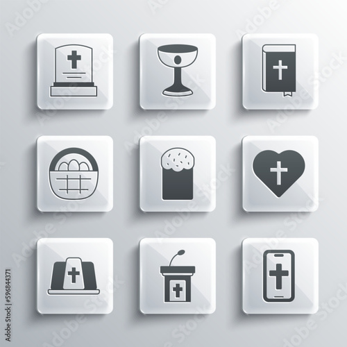 Set Church sermon tribune  Christian cross phone  in heart  Easter cake  Pope hat  Basket with easter eggs  Grave tombstone and Holy bible book icon. Vector