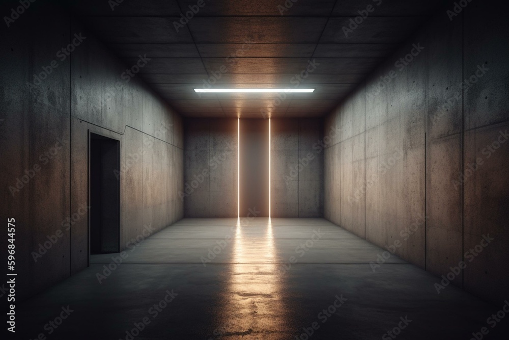 Dim grunge concrete chamber with backlight 3D render. Generative AI