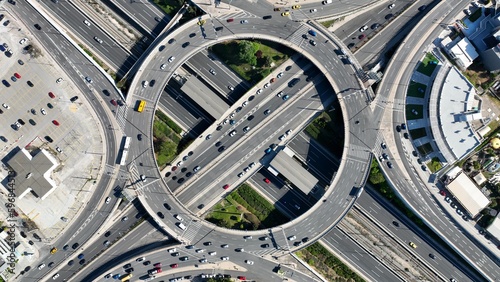 Aerial drone photo of multilevel ring circular junction of Kifisias Avenue  National motorway and Attiki odos crossing Attica prefecture  Marousi  Greece 