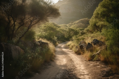 A dirt path through Baviaanskloof nature reserve in South Africa. Generative AI photo