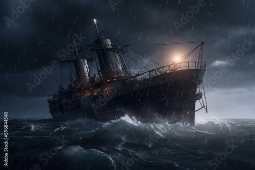 Haunted ship in monster storm created by AI. Generative AI
