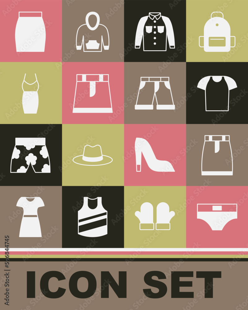 Set Men underpants, Skirt, T-shirt, Shirt, Woman dress, and Short or icon. Vector