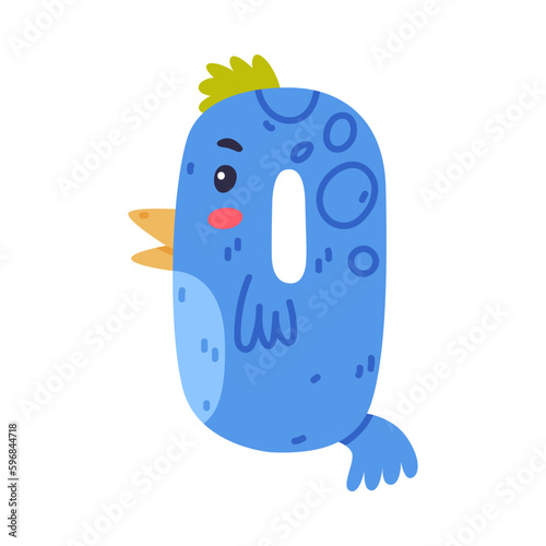 Bird alphabet Q capital letter. Blue consonant letter with eyes, beak and wings cute cartoon vector illustration