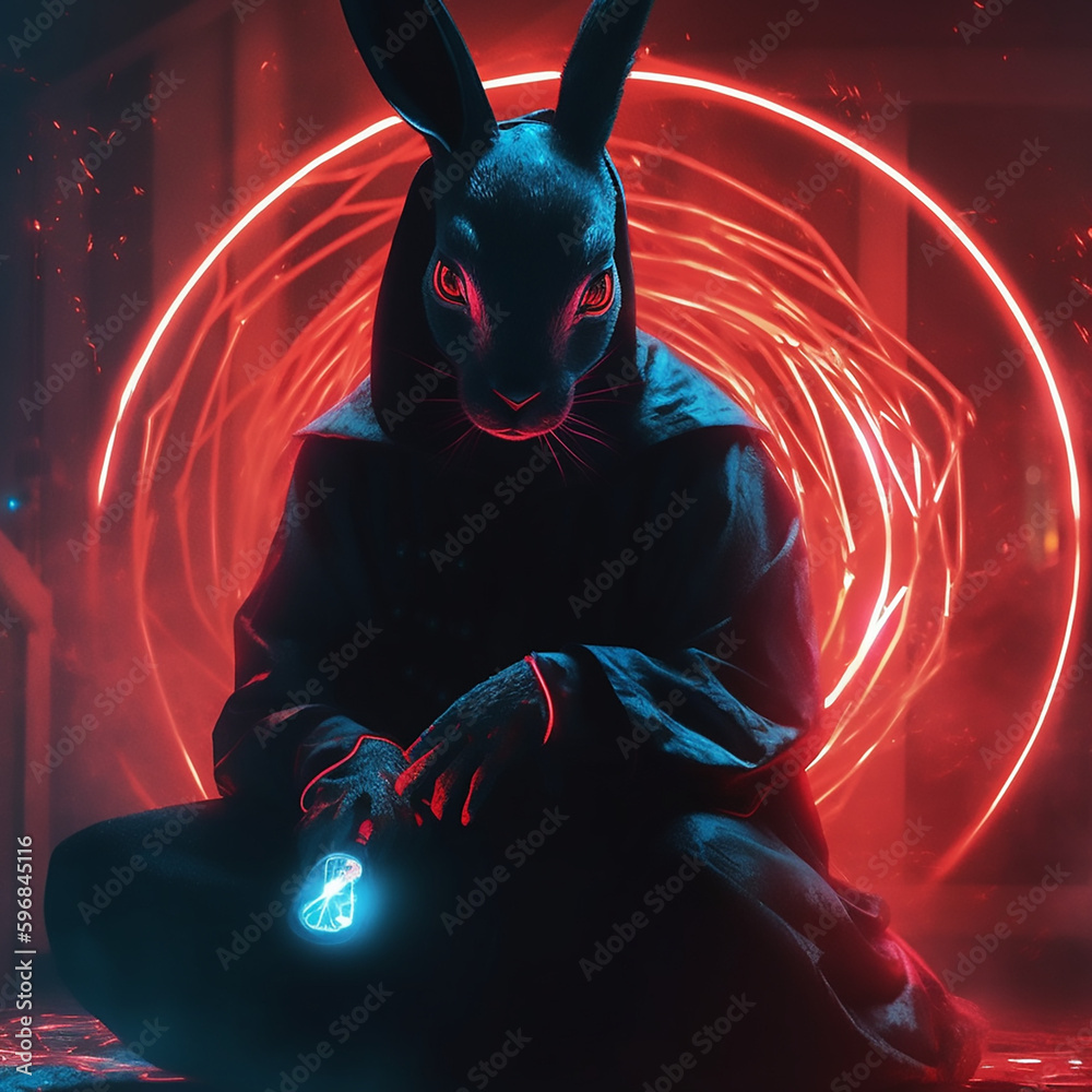 Mysterious character dressed as a black rabbit in a cyberpunk future ...