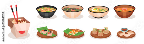 Chinese and Japanese Meal with Soup in Bowl and Noodle in Box Vector Set