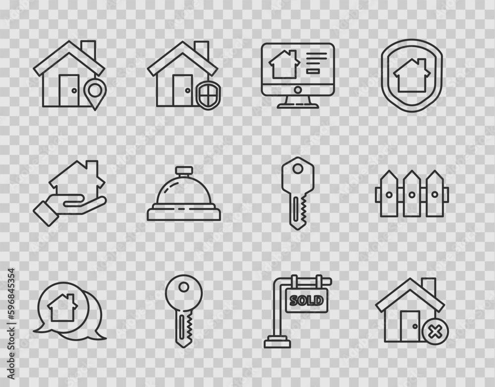 Set line Real estate message house, House with wrong mark, Online real, key, Location, Hotel service bell, Hanging sign Sold and Garden fence wooden icon. Vector Set line Real estate message house, House with wrong mark, Online real, key, Location, Hotel service bell, Hanging sign Sold and Garden fence wooden icon. Vector