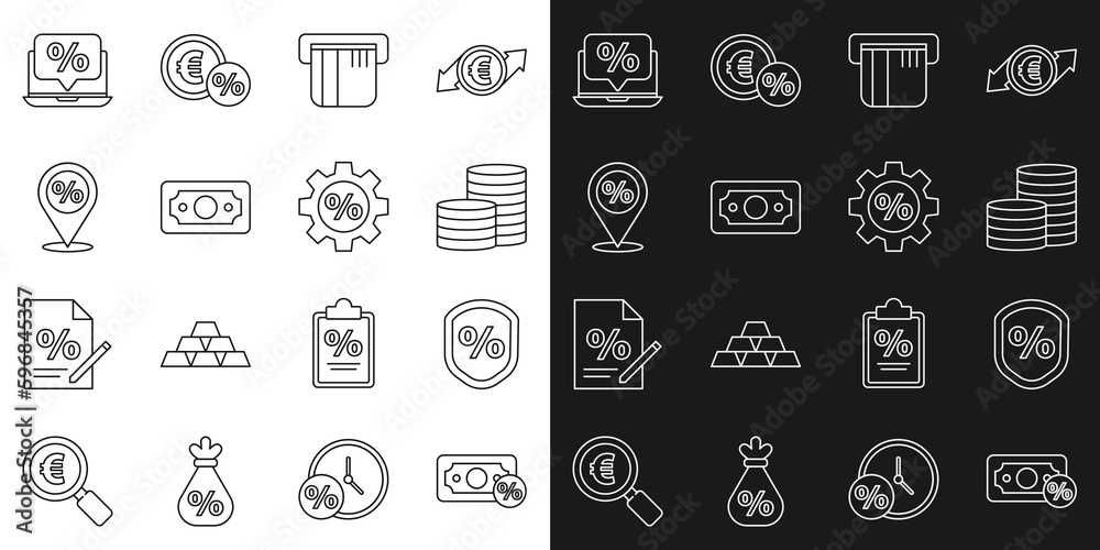 Set line Money percent, Loan, Coin money, Credit card, Stacks paper cash, Location with discount, Percent and laptop and Gear icon. Vector