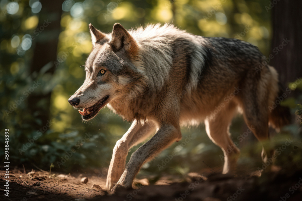 Fototapeta premium Predator in Motion: Wolf Hunting in a Sunlit Forest