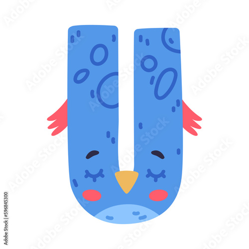 Bird alphabet U capital letter. Blue vowel letter with eyes, beak and wings cute cartoon vector illustration