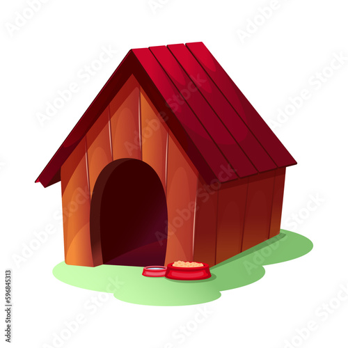 A cartoon doghouse with food and water bowls