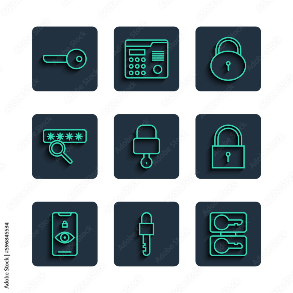 Set line Eye scan, Locked key, Casting keys, and, Password protection, Key and icon. Vector Set line Eye scan, Locked key, Casting keys, and, Password protection, Key and icon. Vector