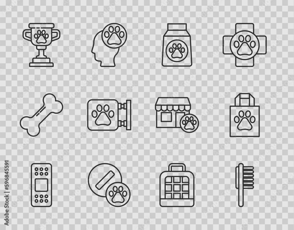 Set line Bandage plaster, Pets vial medical, Bag of food, Dog pill, award, Veterinary clinic, carry case and Shopping bag pet icon. Vector