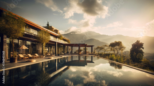 Splendid hotel, nestled amidst a picturesque landscape, offering breathtaking views of the surrounding mountains and lush forests. Exterior view with swimming pool. Generative AI