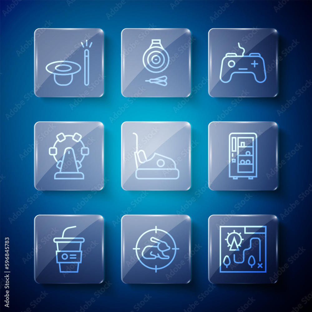 Set line Paper glass with water, Hunt on rabbit crosshairs, Amusement park map, Gamepad, Bumper car, Ferris wheel, Magic hat and wand and Vending machine icon. Vector Set line Paper glass with water, Hunt on rabbit crosshairs, Amusement park map, Gamepad, Bumper car, Ferris wheel, Magic hat and wand and Vending machine icon. Vector