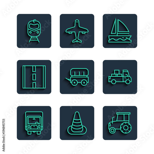 Set line Delivery cargo truck, Traffic cone, Tractor, Yacht sailboat, Wild west covered wagon, Road, Train and railway and icon. Vector