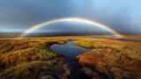 perfect rainbow, rainbow arc across the sky above a vast, verdant valley, generative ai