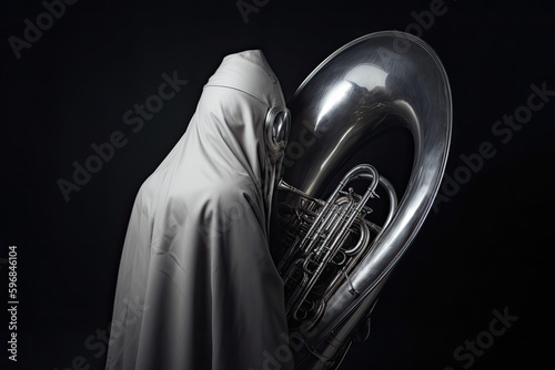 Silhouette of a musician hidding in a white sheet, holding a strange designed musical instrument on neutral background, generative ai illustration