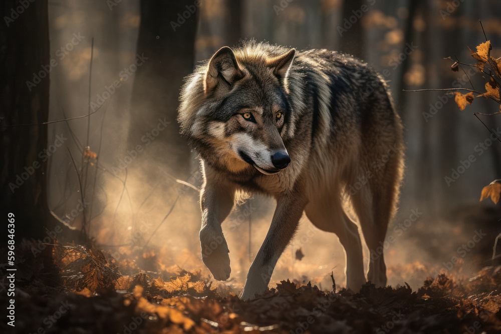 Obraz premium Predator in Motion: Wolf Hunting in a Sunlit Forest