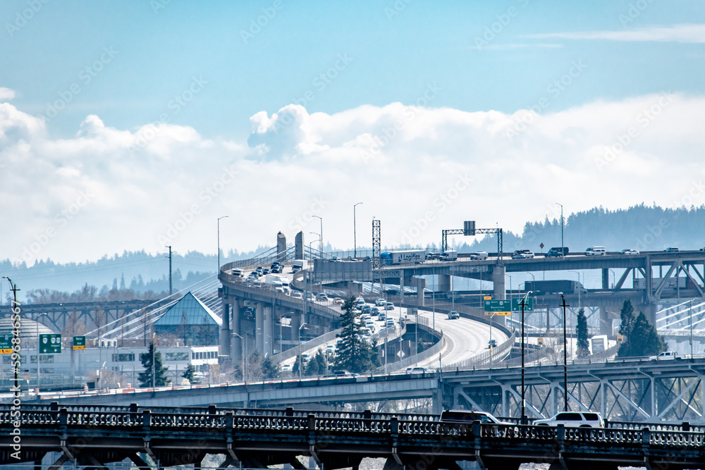 Interstate-5 Highway Traffic Winding Through Portland, OR City