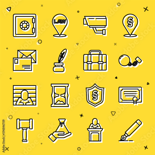 Set line Fountain pen nib, Certificate template, Ball on chain, Security camera, Feather and inkwell, Envelope, Safe and Briefcase icon. Vector