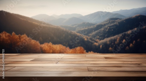 Empty wooden table for product display background, banner and product advertisement mock up with beautiful autumn hills behind, AI generated