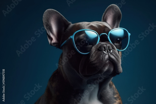 French bulldog with sunglasses on blue background © M.Gierczyk