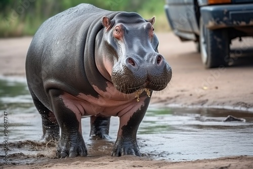 illustration, a huge aggressive hippo, ai generative