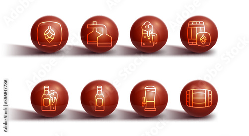 Set line Hop, Beer bottle and glass, Wooden barrel, tap, brewing process, and beer mug icon. Vector