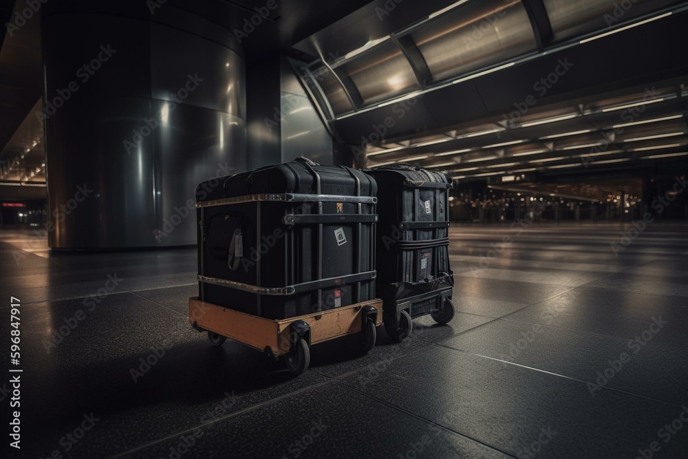 Airport luggage delivery by big carts. Generative AI