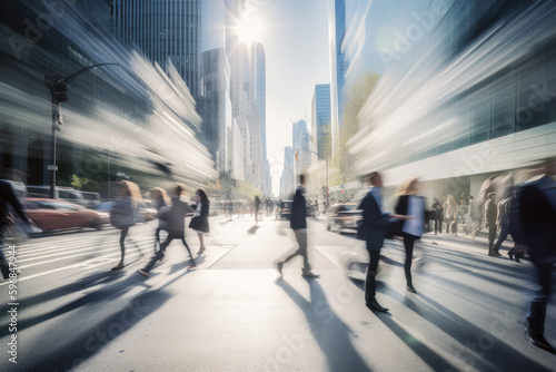 Urban Rush: Blurred Businesspeople Crossing a Bustling City Street