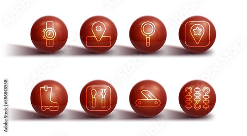 Set line Wrist watch, Waterproof rubber boot, Location for camping, Swiss army knife, Fork and spoon, Grilled shish kebab skewer and Magnifying glass icon. Vector