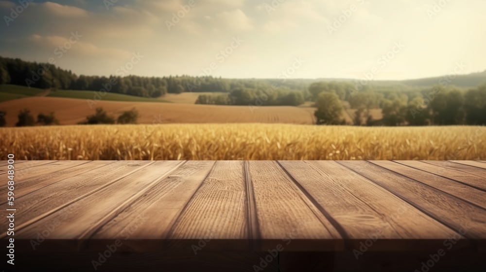 Empty wooden table for product display background, banner and product advertisement mock up with a beautiful wheat farm behind, AI generated