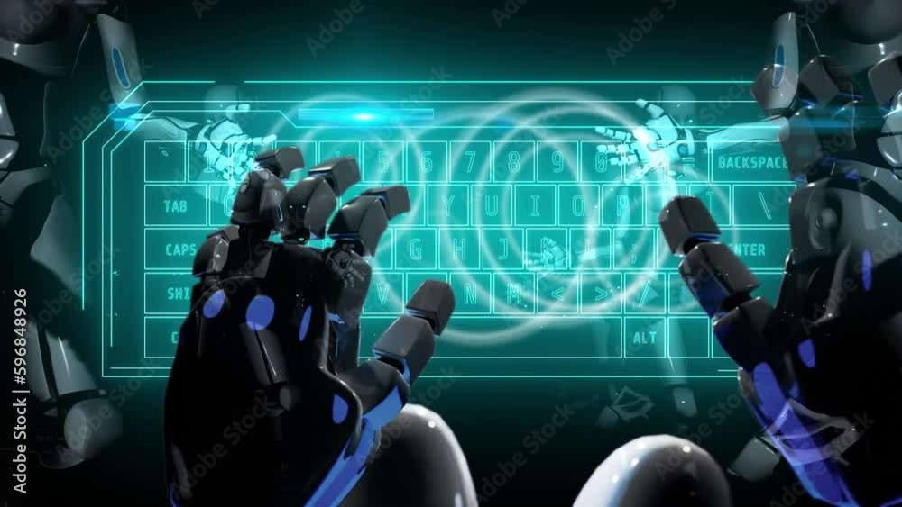 3d render motion graphic animation of female robot with scifi hands typing on virtual keyboard 3d render motion graphic animation of female robot with scifi hands typing on virtual keyboard