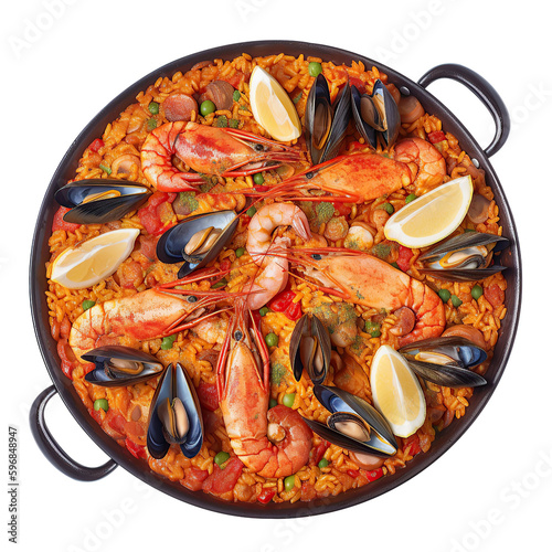 Top view of typical spanish paella with mussels, prawns and pieces of lemon. Traditional spanish food. Generative AI