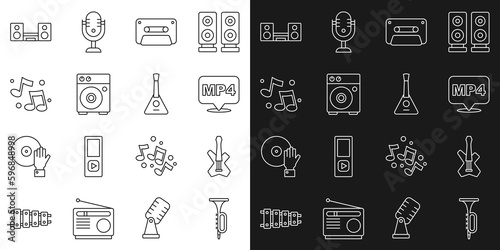 Set line Trumpet, Electric bass guitar, MP4 file document, Retro audio cassette tape, Guitar amplifier, Music note, tone, Home stereo with two speakers and Balalaika icon. Vector