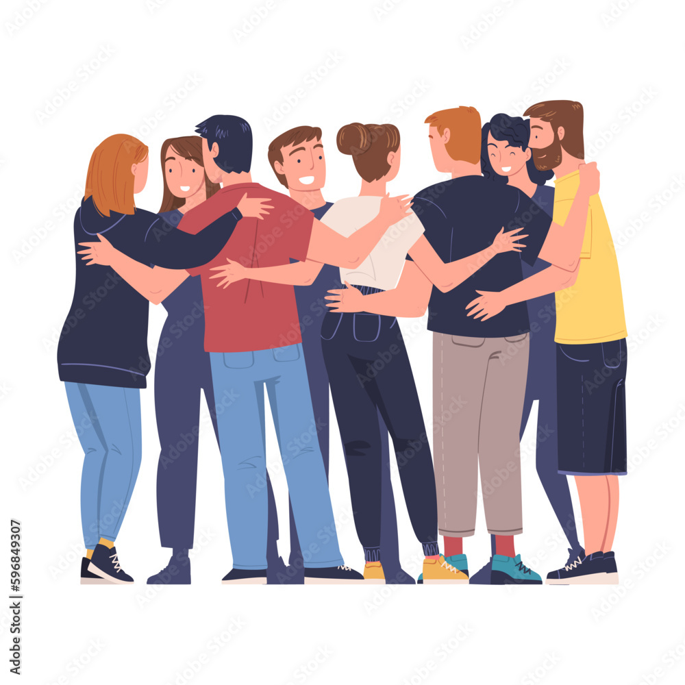 Fototapeta premium Group of people standing together in circle and hugging. Friendship, collaboration, team spirit concept vector illustration