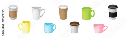 Different Mug and Cups Ceramic and Paper for Drink Vector Set