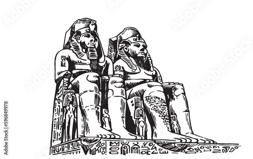 Abu Simbel,graphical vector illustration of two massive rock-cut temples. The statue of Ramses the Great at the Great Temple of Abu Simbel isolated on white background. Sightseeing of Egypt