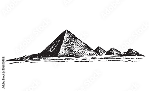 Graphical hand drawn pyramids isolated on white background, vector illustration. Egypt sightseeing