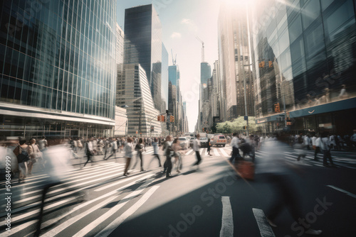 City Life in Motion: Business People Crossing a Bustling Urban Street