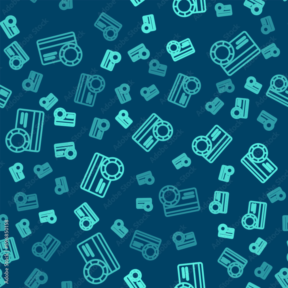 Green line Credit card icon isolated seamless pattern on blue background. Online payment. Cash withdrawal. Financial operations. Shopping sign. Vector Green line Credit card icon isolated seamless pattern on blue background. Online payment. Cash withdrawal. Financial operations. Shopping sign. Vector
