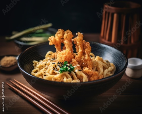 udon noodles with crispy tempura flakes and green onion garnish