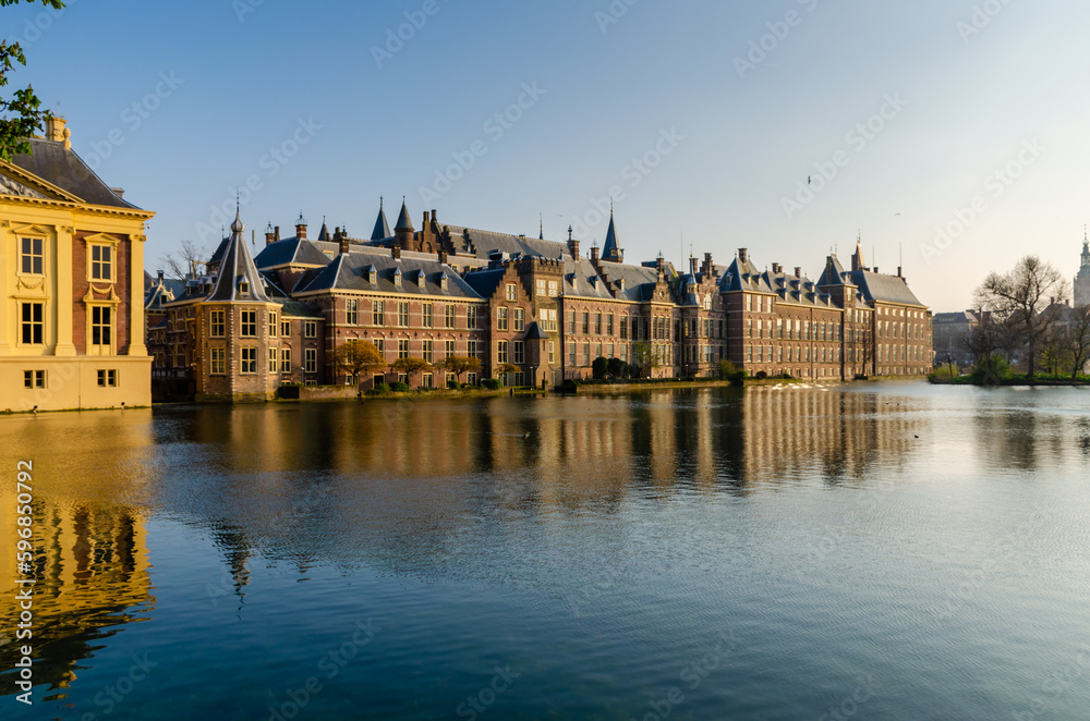 The Binnenhof castle on Hofvijver lake in the Hague city, South Holland, Netherlands which is one of the oldest Parliament buildings in the world.