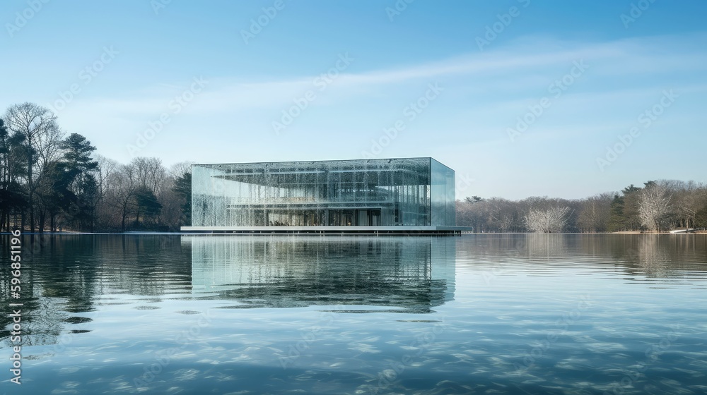 Obraz premium A Serene Setting: Creating Beautiful Buildings by the Lake using Generative AI Technology