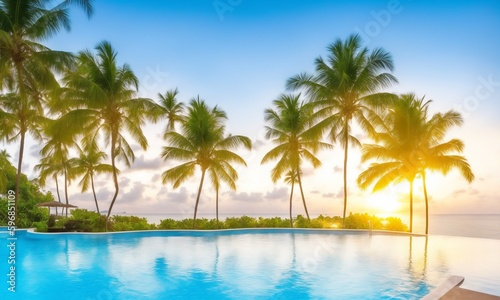 Swimming pool and coconut palm trees near the coast with beautiful landscape at sunset (Generative AI) © Karol