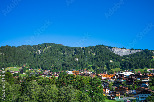 Adelboden, Switzerland - July 24, 2022 - Summer view of Adelboden village and city center