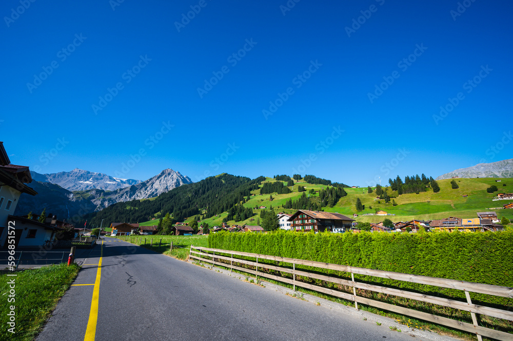 Adelboden, Switzerland - July 24, 2022 - Summer view of Adelboden village and city center Adelboden, Switzerland - July 24, 2022 - Summer view of Adelboden village and city center