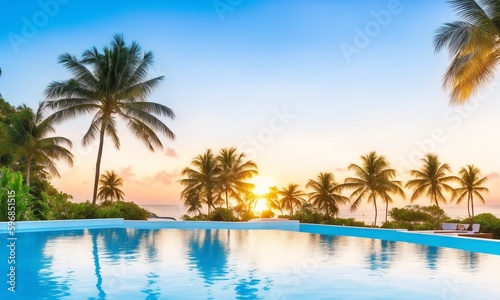 Swimming pool and coconut palm trees near the coast with beautiful landscape at sunset, (Generative AI)