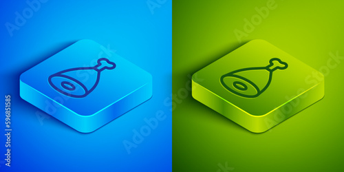 Isometric line Chicken leg icon isolated on blue and green background. Chicken drumstick. Square button. Vector