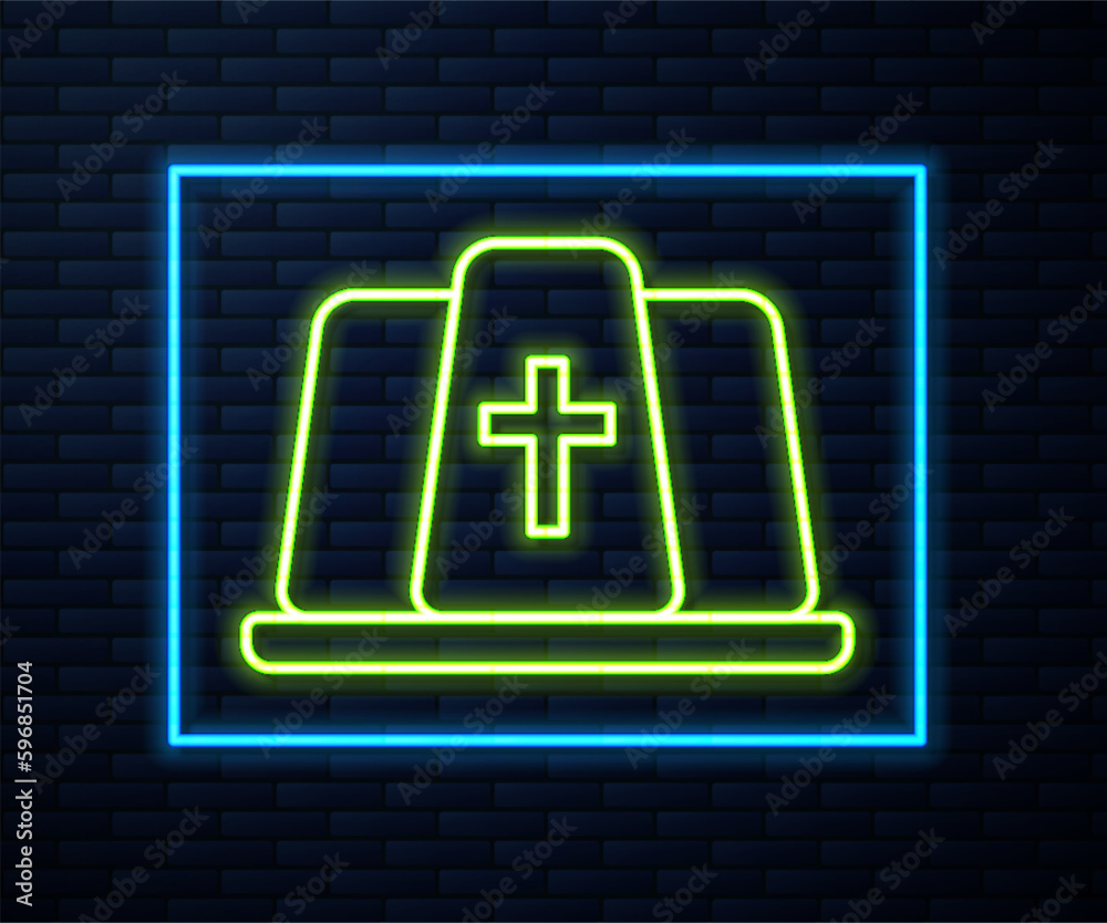 Glowing neon line Pope hat icon isolated on brick wall background. Christian hat sign. Vector Glowing neon line Pope hat icon isolated on brick wall background. Christian hat sign. Vector